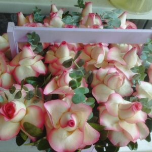 21 бело-розовая роза с эвкалиптом